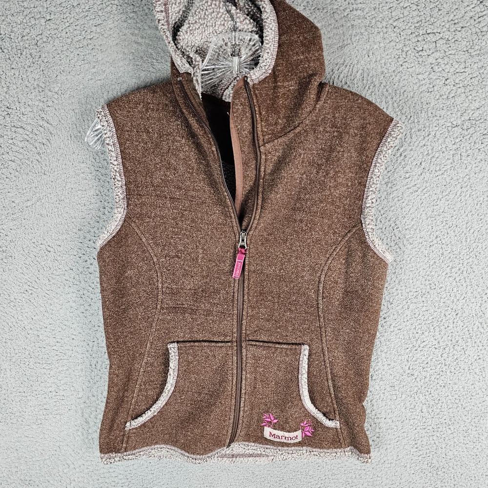 Marmot Vest Women Small Beige Full Zip Fleece Hoodie Sherpa Lined Layering